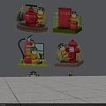 Cartoon Firefighter Themed Wall Decor With Fire Extinguisher And Hydrant Elements 3d model