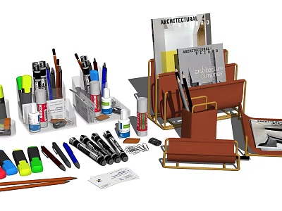 Organized Office Desk Supplies With Pens Markers File Holders And Magazines 3d model