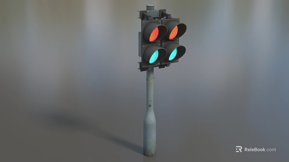Traffic Light With Red Yellow Green Lights Mounted On Metal Pole 3d model 