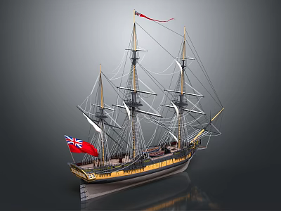Classic Tall Sailing Ship With Multiple Masts Union Jack Flag And Black Gold Hull 3d model