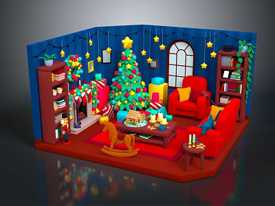 Cartoon Christmas Living Room With Decorated Tree Star Lights Red Sofa And Rocking Horse 3d model