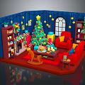 Cartoon Christmas Living Room With Decorated Tree Star Lights Red Sofa And Rocking Horse