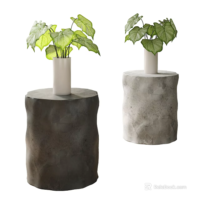 Decorative Vases with Green Leafy Plants on Dark and Light Gray Tree Stump Stands 3d model 