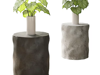Decorative Vases with Green Leafy Plants on Dark and Light Gray Tree Stump Stands 3d model
