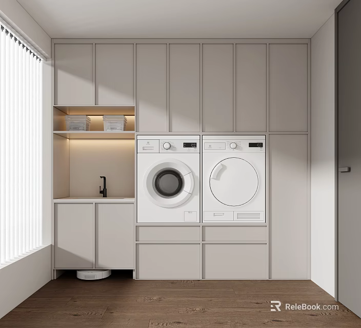 Modern Laundry Area With Light Cabinets Washing Machine And Dryer 3d model 