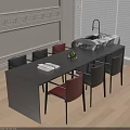 Modern Table and Chairs Set with Black Top Red Gray Seats Fruit Bowl and Book