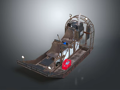 Sturdy Airboat Water Vehicle With Metal Frame Seats Control Console And Red Life Preserver 3d model