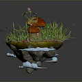 Miniature Garden Plants With Red Mushrooms Green Grass And Small Flowers