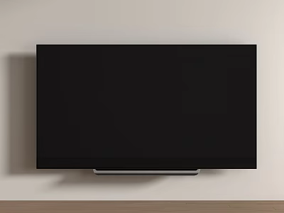 Black TV Wall Mounted on Light Colored Wall With Silver Base and Wooden Floor 3d model