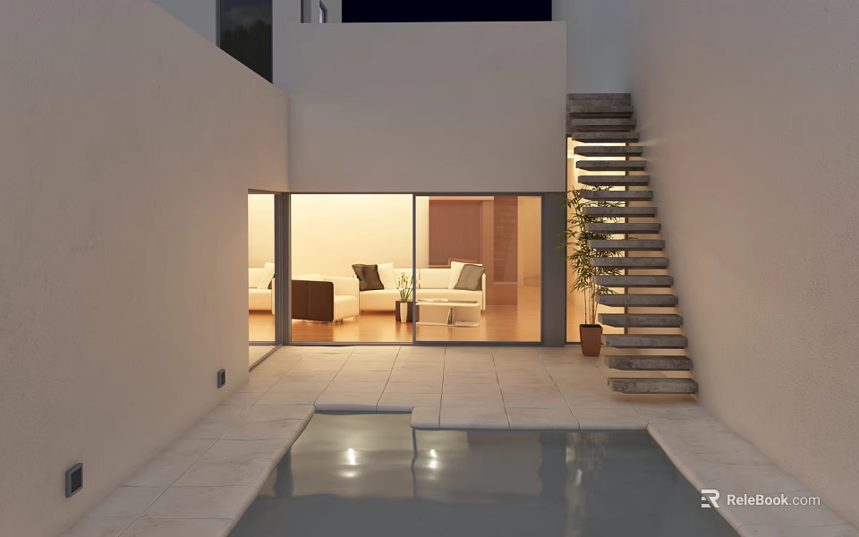 Modern Courtyard Entrance With Pool Stone Staircase Glass Doors Sofa And Potted Plant 3d model 