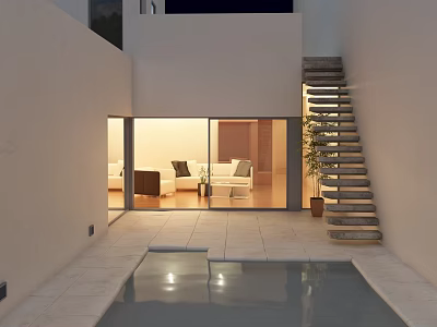 Modern Courtyard Entrance With Pool Stone Staircase Glass Doors Sofa And Potted Plant 3d model
