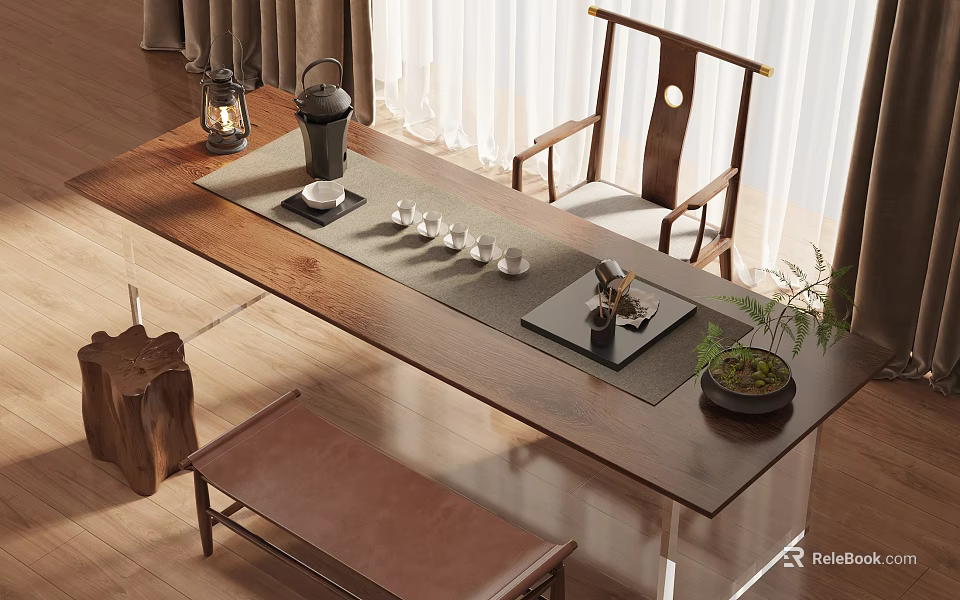 Chinese Style Wooden Tea Table and Chairs with Tea Set and Potted Plant Decor 3d model 