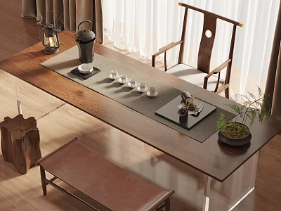 Chinese Style Wooden Tea Table and Chairs with Tea Set and Potted Plant Decor 3d model
