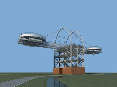 Modern Tower Design Featuring Arch Structure Hanging Platforms Metal Frame And Wooden Base 3d model