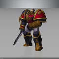 Detailed Fantasy Warrior Character in Red and Gold Ornate Armor with Intricate Design Holding Sword