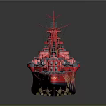 Red Scale Warship Model With Detailed Decorative Patterns And Metallic Accents