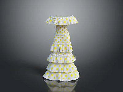 White Off The Shoulder Dress With Yellow Polka Dots And Layered Ruffled Skirt 3d model