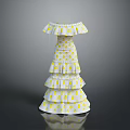 White Off The Shoulder Dress With Yellow Polka Dots And Layered Ruffled Skirt