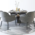 Modern Round Dining Table Set With Six Gray Chairs Tableware Vase And Rug 3d model