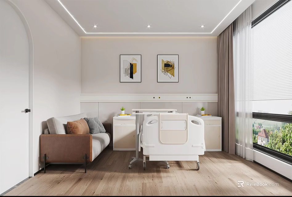 Hospital Outpatient Clinic Room Interior With Medical Bed Sofa And Wall Paintings 3d model 