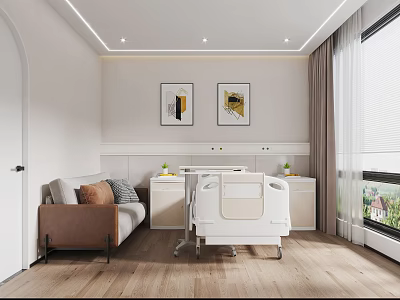 Hospital Outpatient Clinic Room Interior With Medical Bed Sofa And Wall Paintings 3d model