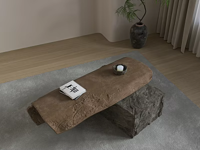 Natural style coffee table on gray rug with stone support plant vase and book 3d model