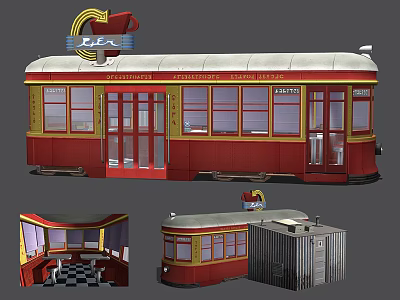 Cartoon Scene of Red and Yellow Tram with Windows Doors and Interior Seats 3d model