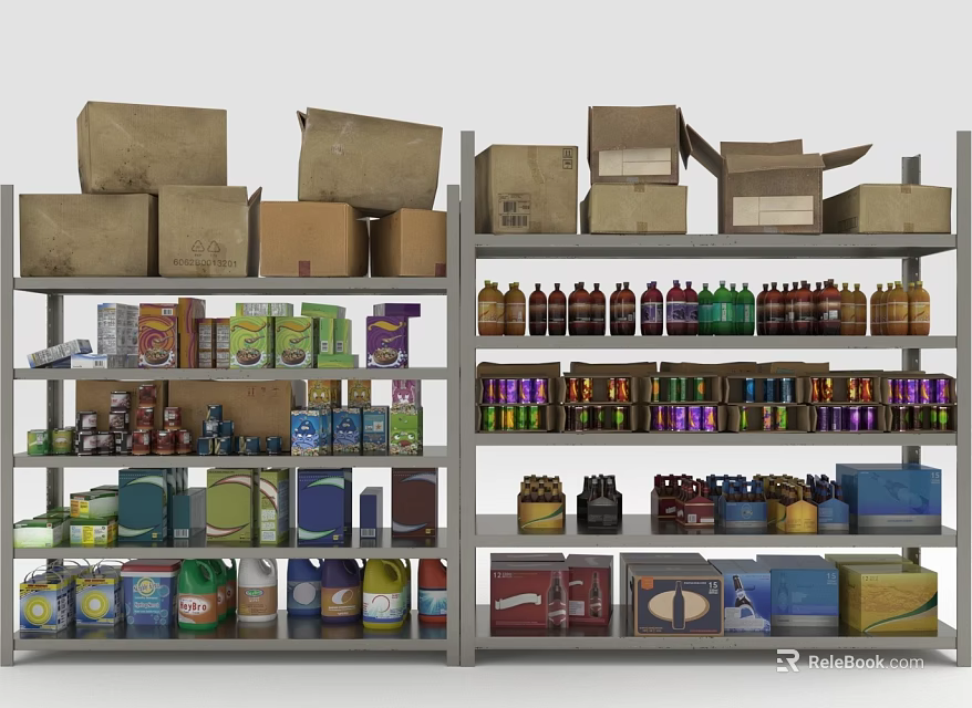 Practical Display Shelves With Cardboard Boxes Bottles Cans And Various Packaged Goods 3d model 