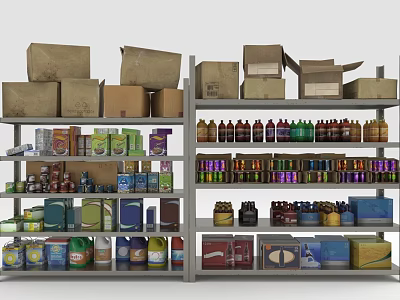 Practical Display Shelves With Cardboard Boxes Bottles Cans And Various Packaged Goods 3d model