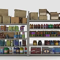 Practical Display Shelves With Cardboard Boxes Bottles Cans And Various Packaged Goods
