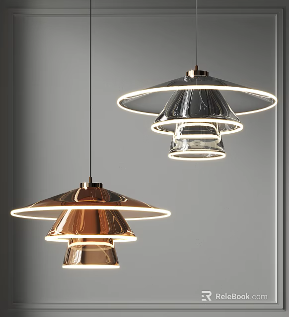 Stylish Modern Metallic Chandeliers With Circular LED Lights Hanging In Minimalist Room 3d model 