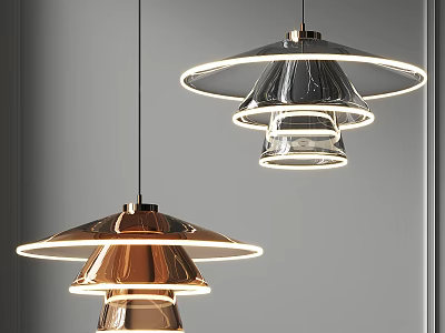 Stylish Modern Metallic Chandeliers With Circular LED Lights Hanging In Minimalist Room 3d model