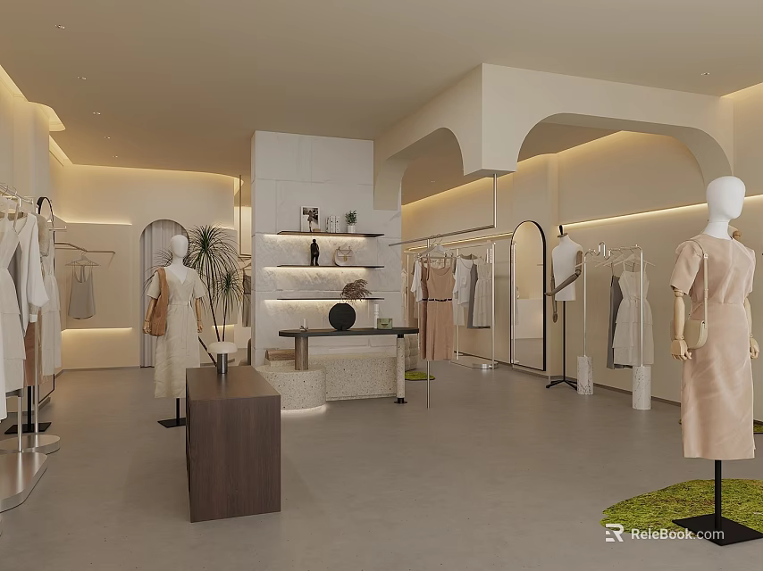 Elegant Modern Clothing Store Interior With Mannequins Clothing Racks Display Tables and Plants 3d model 
