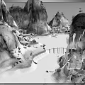 Traditional Chinese Ink Landscape Scene With Tall Mountains Scattered Trees Stone Bridge And Flowing River