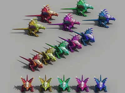 Various Colored Dinosaur Creature Models Arranged In Rows For 3d model