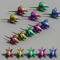 Various Colored Dinosaur Creature Models Arranged In Rows For