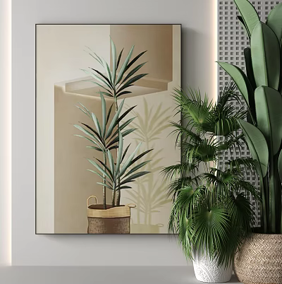Decorative Plant Painting With Basket And Shadow Effect Near Real Green Plants 3d model