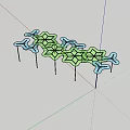 Geometric Hexagonal Grid Pergola With Green Blue Canopy And Black Support Columns Under Blue Sky