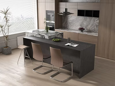 Stylish Modern Dark Dining Table Combination With Chairs In Kitchen Area Featuring Window And Plants 3d model