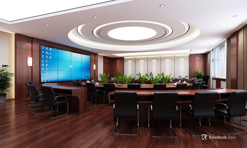 Spacious Modern Conference Room With Large Meeting Table Black Chairs Big Screen And Green Plants 3d model 