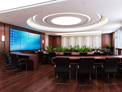 Spacious Modern Conference Room With Large Meeting Table Black Chairs Big Screen And Green Plants 3d model