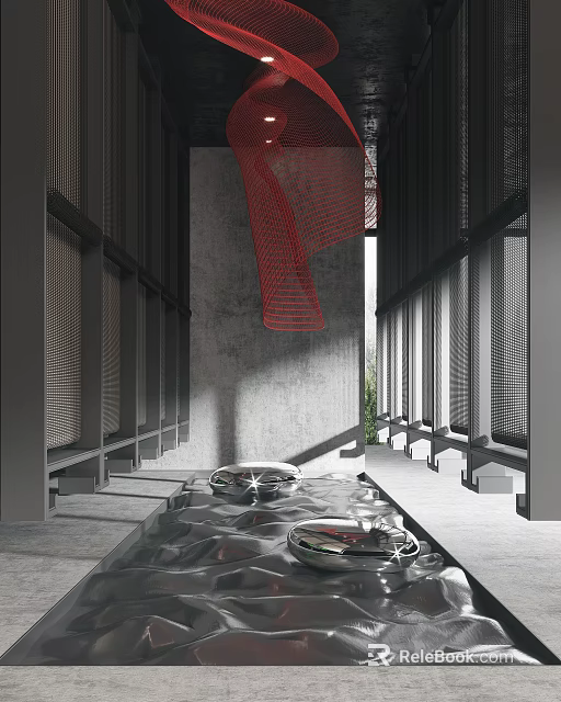 Sales Office Interior Featuring Red Mesh Gray Walls Water Wave Floor Black Grid Natural Light 3d model 