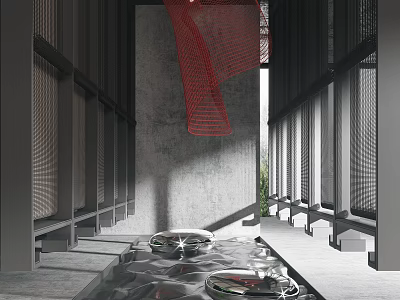 Sales Office Interior Featuring Red Mesh Gray Walls Water Wave Floor Black Grid Natural Light 3d model