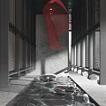 Sales Office Interior Featuring Red Mesh Gray Walls Water Wave Floor Black Grid Natural Light