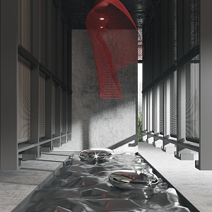 New Chinese style art installation landscape sketch stainless steel stone wooden partition art ceiling 3d model