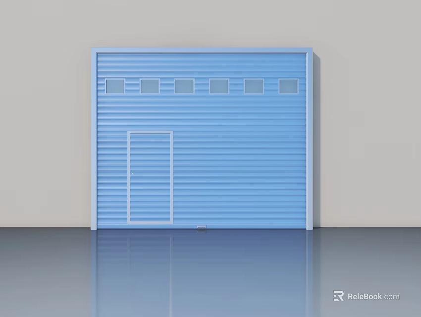 Blue Swing Door Design With Small Windows Next To Roller Shutter 3d model