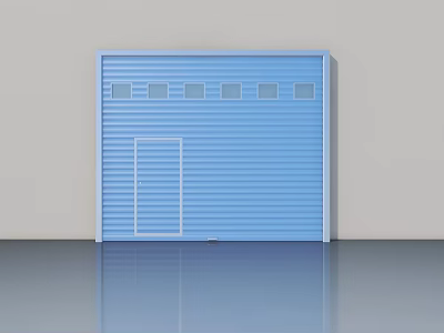 Blue Swing Door Design With Small Windows Next To Roller Shutter 3d model