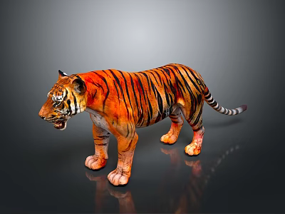 Majestic Tiger with Orange Fur and Black Stripes Standing on Reflective Gray Background 3d model