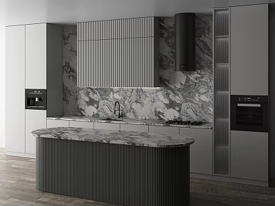 Modern Kitchen Interior Design With Marble Wall Ribbed Cabinets Black Island Counter And Appliances 3d model