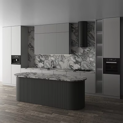 Modern Kitchen Interior Design With Marble Wall Ribbed Cabinets Black Island Counter And Appliances 3d model